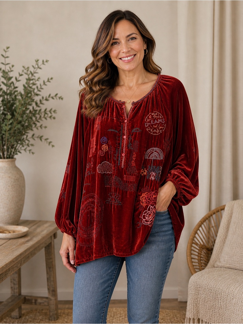 Johnny Was Deep Red Velvet Embroidered Peasant Tunic
